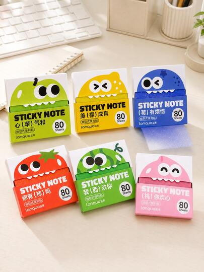 OBOVAY 1set/4pcs/1pc Colorful Transparent Pearlescent Film Sticky Notes, 6 Fruit Monster Expression Printed Patterns, Pull-Out Portable Box Design, Transparent Film Surface, Quick-Dry Writable, Easy To Use, Suitable For Message Reminders, Memo Records, To-Do Lists, Schedule Planning, Classroom Notes, Textbook Marking, Key Point Highlighting, Page Indexing, File Classification, Bookmark Positioning, Journal Decoration And Diary, Suitable For Students And Teachers