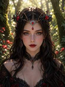 Crescent Moon Red Rose Witch Flower Crown Black Leaf Branch Headpiece Gothic Forest Witch Halloween Dark Bridal Head Accessory - Red - View 1