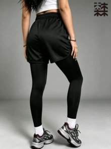 mulinsen Women's 2-In-1 Athletic Leggings, Elastic Drawstring Waist, Quick-Dry Mesh Outer Shorts, Outdoor Workout, Gym, Daily Training - Black - View 3