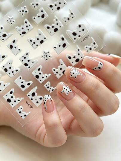 1 Sheet Embossed Nail Stickers, Black Dots French Irregular Star Self‑Adhesive Nail Decals, Cute Y2K DIY Manicure Nail Art Decorations