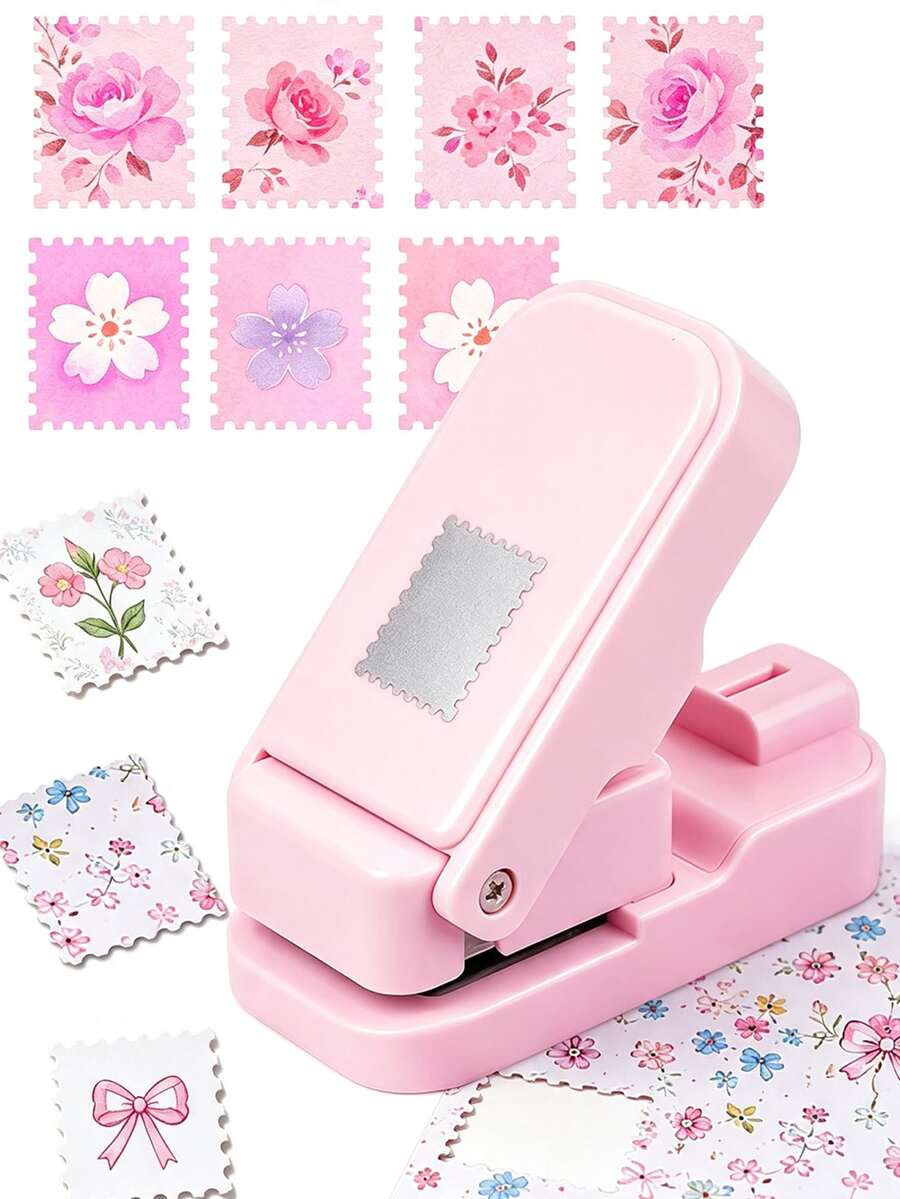 Perforadora de borde de sello postal de 1x0.8 pulgadas, adecuada para diarios de chatarra y scrapbooking, perforadora de manualidades apilable, diseño hueco de alineación precisa, adecuada para hacer tarjetas - Rosa