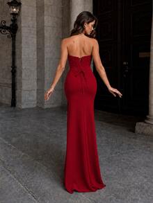 VIPGIRL Elegant Bridesmaid Dress: Strapless Fitted Satin Dress Wedding - Red - View 2