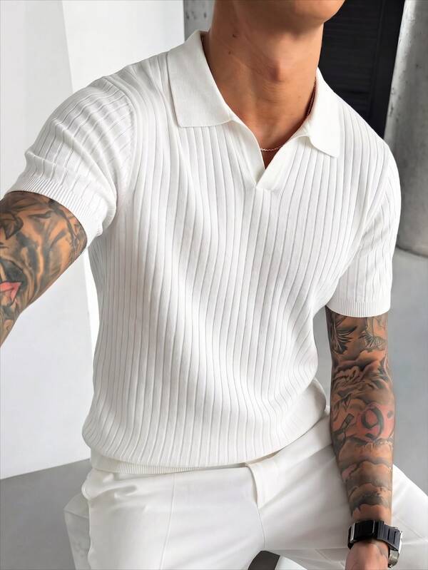 Men's Summer Knit Sweater, Fashion Ribbed Solid Color Short Sleeve, Suitable For Casual Sports