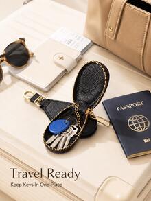 Compact Genuine Leather Key Pouch With Zipper And Hook, Durable And Stylish Leather Car Key Ring Protective Case, 360° Full Protection, With Safety Chain To Prevent Keys From Scratching Phone - Multicolor - View 7