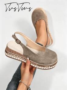 Bohemian Style Woven Closed Toe Sandals For Women, Vintage Rivet Hemp Rope Thick Sole Back Buckle Casual Beach Shoes - Khaki - View 2