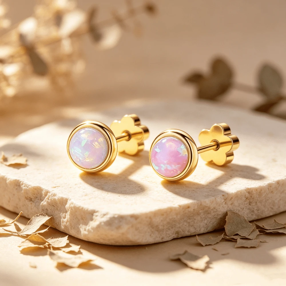 SHZYLN 1 Pair Exquisite Round Opal Stud Earrings, Floral Design Screw Back Flat Head Earrings, Minimalist Daily Wear Jewelry, Date Holiday Gift - Opal - View 1
