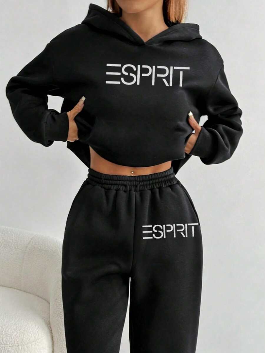 Black 100% Cotton Women's Sports Set, Featuring Ribbed Knit Details, Round Neck, Regular Sleeve Style, Comfortable For Daily Wear - Black - View 1