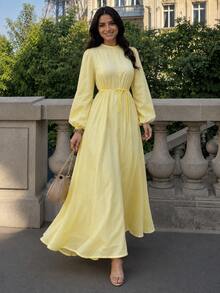 Women's Solid Yellow Belted Maxi Dress, Long Sleeve Flowy A-Line Dress With Tie Waist - Yellow - View 5