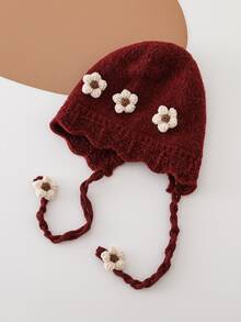 1pc Girls' Autumn/Winter 3D Floral Knitted Earflap Hat, Fashionable Warm Woolen Beanie With Tie - Multicolor - View 8