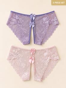2pcs Sexy Women's Open Crotch Bow High Waist Seamless Lace Panties, Seductive Triangle Underwear - Multicolor - View 4