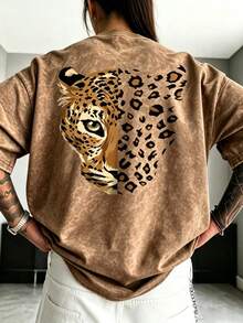 Fashion Women's Round Neck Short Sleeve T-Shirt, Eye-Catching Leopard Print, Comfortable Polyester Fabric - Brown - View 5