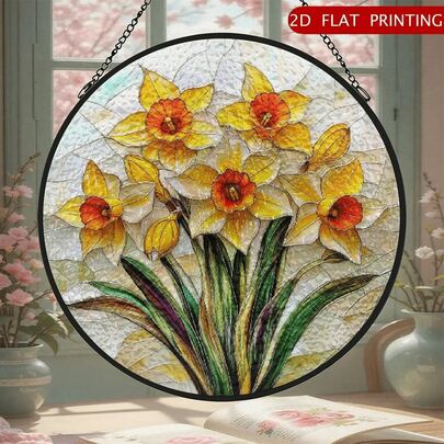Glass Material-2D Flat, 1pc Stained Glass Sun Catcher Window Hanging Ornament - Yellow & Orange Daffodil Bouquet Round Glass Panel Suitable For Home Decor, Wall/Ceiling Mounted Retro Floral Decoration, Mother's