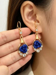 1 Pair Blue Rose Rhinestone Earrings, Fashionable Luxury Elegant Earrings, Versatile Delicate Niche Earrings - Blue - View 6