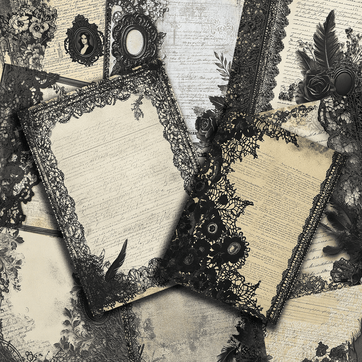 12pcs Vintage Distressed Black Lace Style Scrapbook Journaling Background Paper A5 Size Craft Paper Decoration 2D Flat - A - View 1
