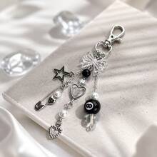 1Pc Sweet Y2K Style Bow Beaded Chain Keychain Cute Safety‑Pin Heart Star Charm Handmade Bag Pendant Daily Backpack Decor Accessory - Multicolor - View 1