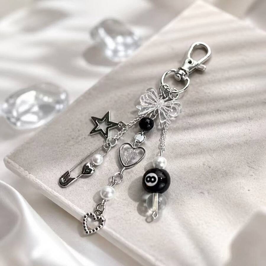 1Pc Sweet Y2K Style Bow Beaded Chain Keychain Cute Safety‑Pin Heart Star Charm Handmade Bag Pendant Daily Backpack Decor Accessory - Multicolor - View 1