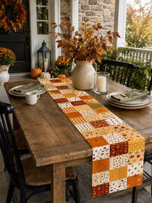 1pc-Fall Table Runner 72 Inch, Autumn Patchwork Table Runner With Pumpkin Leaf Plaid Design, Linen Texture Thanksgiving Table Decor, Rustic Farmhouse Dining Table Runner For Kitchen, Harvest Season Home Party Decoration - Multicolor - View 5