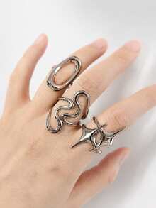 3 piezas Anillos apilables ajustables asimétricos con diseño hueco de estrella, luna y ráfaga, estilo Y2K de Halloween, estilo de fantasía y magia para fiestas y celebraciones - color acero - Ver 11