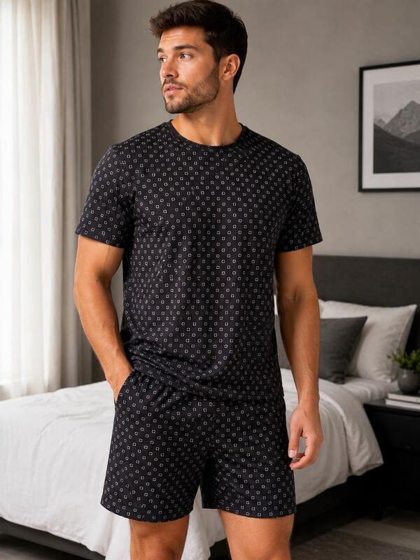 Conjunto de pijama masculinho short e camiseta tecido suede