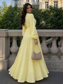 Women's Solid Yellow Belted Maxi Dress, Long Sleeve Flowy A-Line Dress With Tie Waist - Yellow - View 2