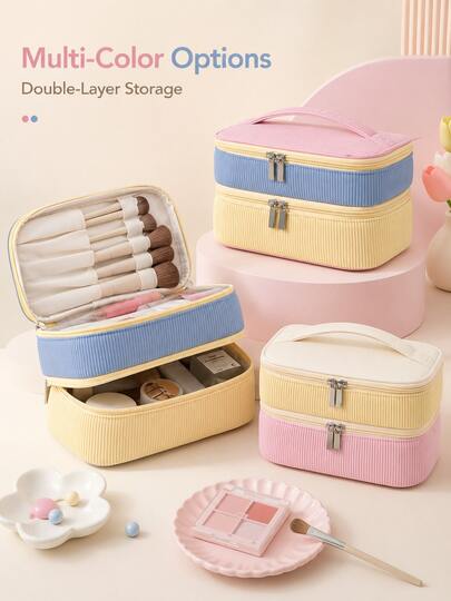 Fashionable Color Block Valentine's Day Corduroy Double-Layer, Make Up Bag, Makeup Bag, Travel, Portable, Lightweight, Stylish, For Home, Gift