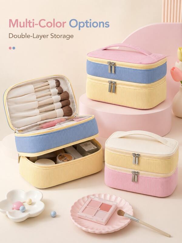 Fashionable Color Block Valentine's Day Corduroy Double-Layer, Make Up Bag, Makeup Bag, Travel, Portable, Lightweight, Stylish, For Home, Gift