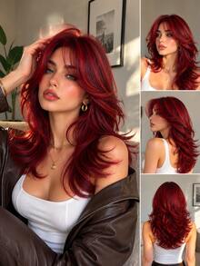 Women's Burgundy Long Layered Wavy Wig With Red Highlights, Wolf Cut Style Synthetic Fiber Hairpiece With Curtain Bangs, Heat-Resistant Face-Framing, Suitable For Daily Wear, Party And Cosplay - Red Highlight - View 11