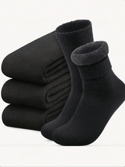 3 Pairs Men's Fleece Lined Socks, Winter Warm Thickened Hiking Boot Socks, Soft Comfortable Long Socks, Suitable For Cold Weather, Black