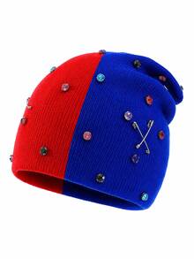 1pc Men's Fashion Rhinestone Brooch Decor Knitted Beanie, Autumn/Winter Warm Casual Wear - Multicolor - View 2