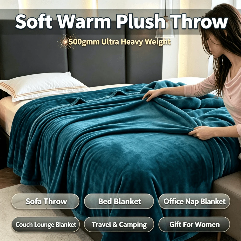 500GSM Double-Sided Anti-Static Ultra-Fine Microfiber Fleece Blanket, Reversible All-Season Warm & Comfortable Bed Throw, Suitable For Men & Women