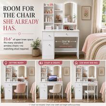 White Sliding Mirror Vanity Desk Set With Storage Stool, Makeup Dressing Table With 5 Drawers, Hidden Mirror Cabinet, Side Organizer Shelves, Modern Beauty Station Furniture For Bedroom - White - View 4