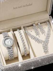 5/2pcs Glamorous Evening Party Women's Alloy Rhinestone Watch Steel Band Accessory Set Bracelet Necklace Earrings Full Rhinestone - Silver - View 4