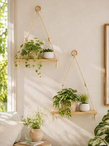 Bohemian Woven Hanging Shelf, Bohemian Style Rope Woven Floating Wall Shelf, Beaded Woven Hanging Flower Rack, Handmade Rope Woven Wall Hanging Storage Rack, Bohemian Decorative Hanging Shelf, Minimalist Rope Woven Wall Storage Rack, Bedroom Style - Multicolor - View 4