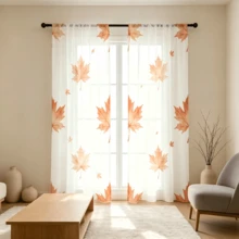 2pcs Maple Leaf Printed Home Decoration Curtains,Rod Pocket, Simple Artistic Style Elegant Window Curtains, Suitable For Kitchen, Coffee Shop, Restaurant, Balcony, Garden, Bedroom, Thanksgiving, Autumn Decoration - Multicolor - View 1