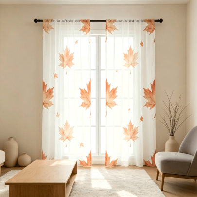 2pcs Maple Leaf Printed Home Decoration Curtains,Rod Pocket, Simple Artistic Style Elegant Window Curtains, Suitable For Kitchen, Coffee Shop, Restaurant, Balcony, Garden, Bedroom, Thanksgiving, Autumn Decoration