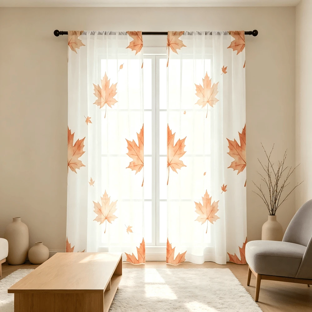 2pcs Maple Leaf Printed Home Decoration Curtains,Rod Pocket, Simple Artistic Style Elegant Window Curtains, Suitable For Kitchen, Coffee Shop, Restaurant, Balcony, Garden, Bedroom, Thanksgiving, Autumn Decoration - Multicolor - View 1