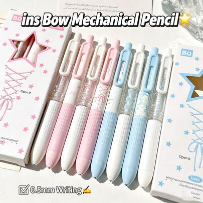 4pcs Little Pudding Ballet Mechanical Pencils, Bow Design, Anti-Breakage 0.5mm Lead, Pink And Blue For Girls