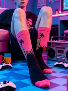 1/2 Pairs American Vintage Printed Mid-Calf Socks, Personalized Streetwear Men's Casual Long Socks, Y2K Neon Creative Cartoon Socks, Versatile Fashion Mid-Calf Slouch Socks - Multicolor - View 4