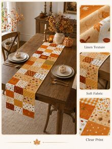 1pc-Fall Table Runner 72 Inch, Autumn Patchwork Table Runner With Pumpkin Leaf Plaid Design, Linen Texture Thanksgiving Table Decor, Rustic Farmhouse Dining Table Runner For Kitchen, Harvest Season Home Party Decoration - Multicolor - View 3