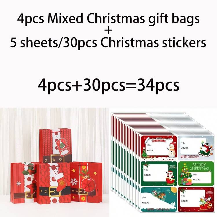 34/68/102pcs Christmas Gift Bags With Ribbon Handles - Multiple Patterns, Durable Paper Holiday Party Gift Bags, Suitable For Christmas Tree And Christmas Decorations, Perfect For Holiday Celebrations, Christmas Gift Bags, Christmas Decorations, Christmas Decorations, With Stickers - Style E - View 10