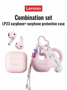 Lenovo LP23 Bluetooth Earphones With Pendant Protective Case Half In-Ear Stereo Sound High-Definition Voice Call Sensitive Microphone Smart Noise Cancellation, Music/Game Dual Mode, Low Latency, Long Battery Life, Suitable For Smartphones & Computers - Pink Headphones + Pink Protective Case With Charm - View 2
