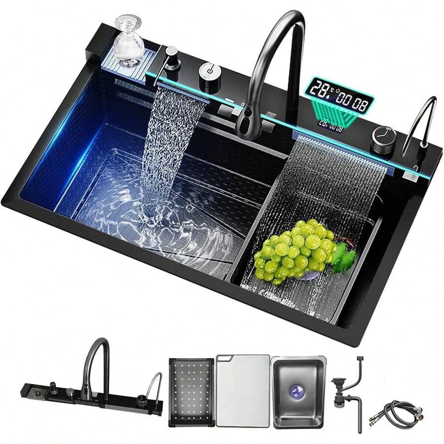LY Fregadero de cocina Fregadero de cocina contemporáneo con caño en cascada Incluye grifo mezclador de triple función, grifo de agua filtrada, pantalla LED, dispensador de jabón, lavavajillas y controles tipo piano. Satisface todas las necesidades del hogar. (80 cm x 45 cm x 21 cm) - Gris arma - Ver 1