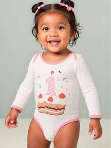1pc Baby Girl Pink Cake Print Long Sleeve Bodysuit, 1st Birthday Outfit - White - View 1