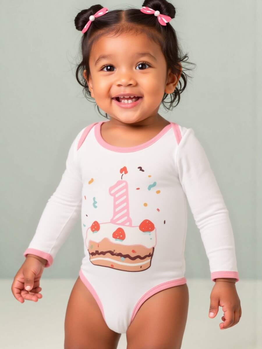 1pc Baby Girl Pink Cake Print Long Sleeve Bodysuit, 1st Birthday Outfit - White - View 1