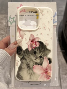 1件 白色花卉貓咪設計極簡個性化 TPU 防摔全包手機殼，適用於 Apple 18 17 16 15 14 13 12 11 Pro Max Air 及系列 - 彩色 - 查看 3