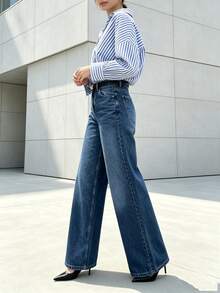 Women's Casual Elegant Washed Straight Leg Jeans, Wide Leg Long, Slightly Stretchy, Suitable For Travel, Commuting, Daily Wear And Autumn/Winter Outfits - Medium Wash - View 7