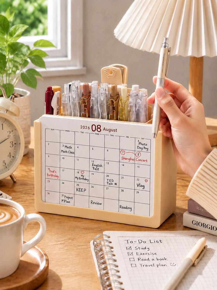 Set Kalender Perencana Kreatif Baru 2027 dengan Tempat Pena dan Kartu (Kalender Oktober 2026 - Desember 2027), Dekorasi Meja Kantor, Organizer Penyimpanan Catatan dan Tanda Tangan Multifungsi, Perlengkapan Kantor untuk Perencanaan dan Manajemen