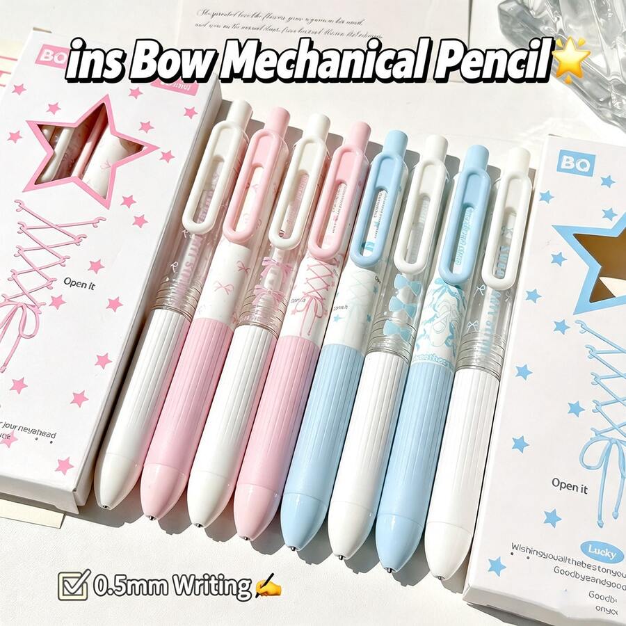 4pcs Little Pudding Ballet Mechanical Pencils, Bow Design, Anti-Breakage 0.5mm Lead, Pink And Blue For Girls