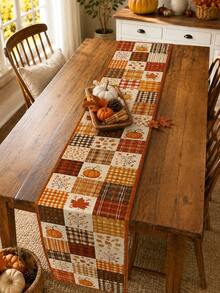 1pc-Autumn Table Runner 72 Inch, Pumpkin Maple Leaf Patchwork Table Runner With Rustic Plaid Pattern, Thanksgiving Linen Look Table Decor, Farmhouse Fall Dining Table Decoration, Cozy Harvest Home Party Centerpiece - Multicolor - View 6
