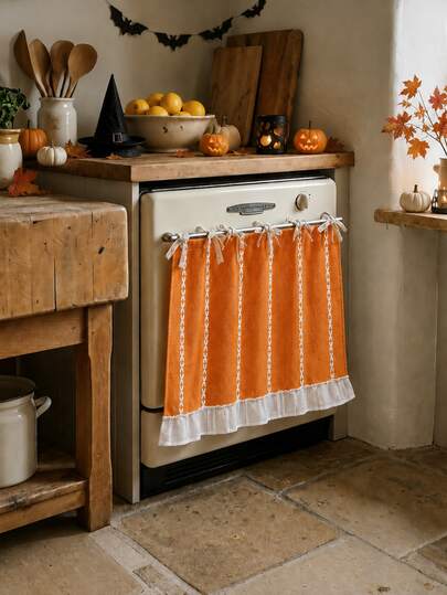 Bohemian Style Halloween Oven Door Curtain, 27.6X21.3 Inch Orange Tie-Up Stove Cover With Lace Ruffle Trim, Autumn Kitchen Decor